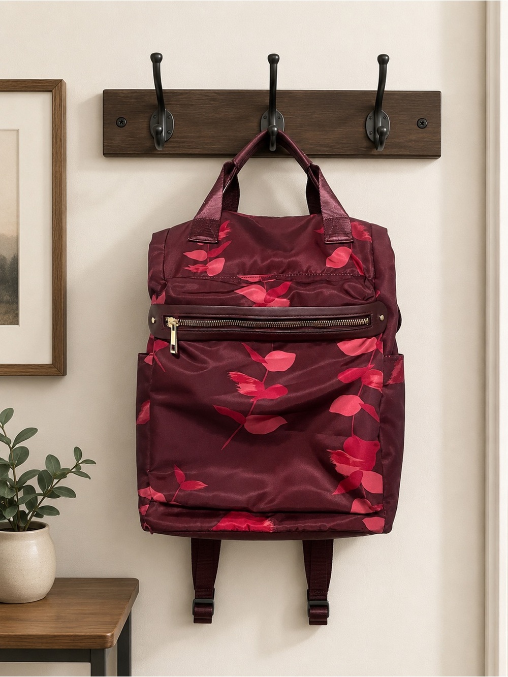 NWOT A New Day Burgundy Floral Nylon Backpack Travel Bookbag